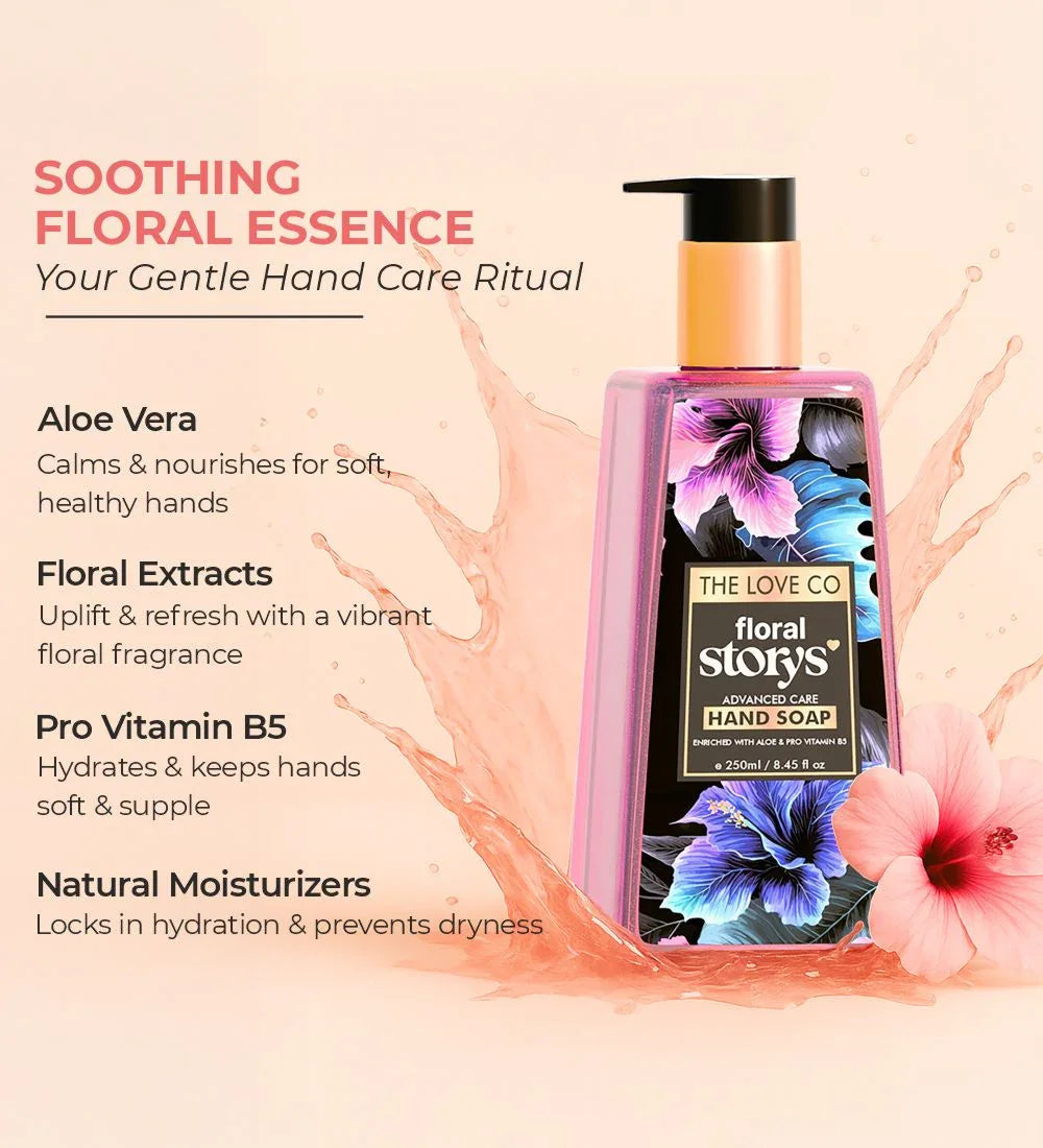 The Love Co floral hand wash bottle with floral design, aloe vera, and moisturizing benefits