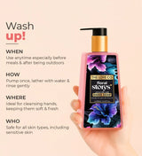 Hand holding The Love Co floral story hand soap bottle with floral design and usage instructions