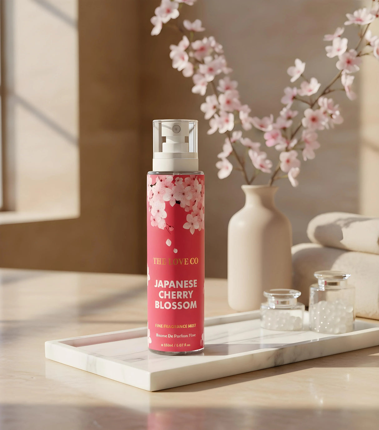 Japanese cherry blossom body mist on marble tray with vase of cherry blossoms, spa setting