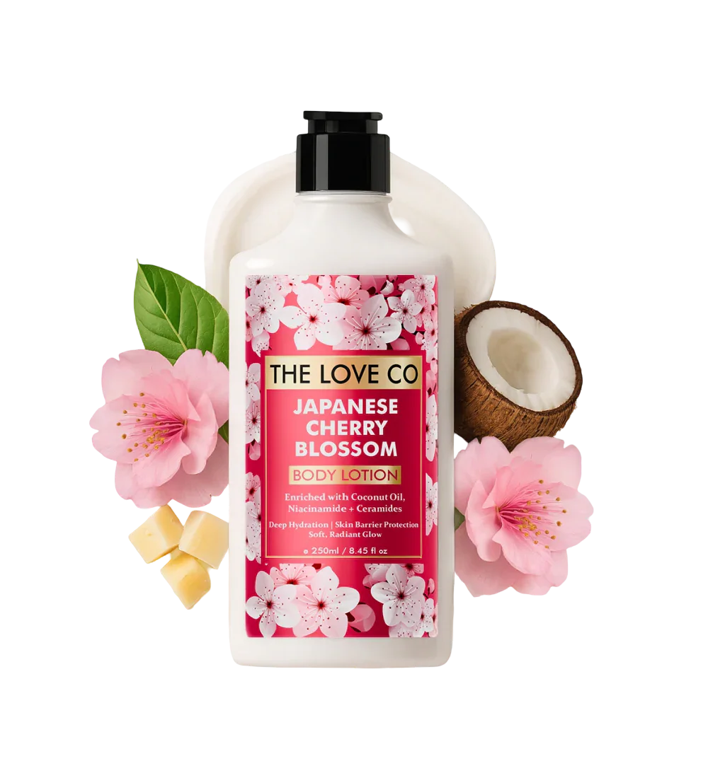 The Love Co Japanese Cherry Blossom body lotion with cherry blossoms, coconut, and leaves.