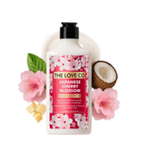 The Love Co Japanese Cherry Blossom body lotion with cherry blossoms, coconut, and leaves.