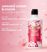 The Love Co Japanese Cherry Blossom body lotion bottle with pink floral design on a pink background.