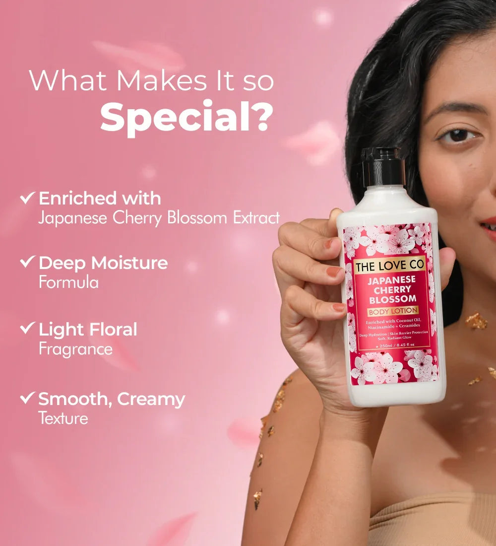 Woman holding The Love Co Japanese Cherry Blossom body lotion with pink floral background