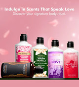 The Love Co body lotion bottles in various scents on a pink background with product names visible.