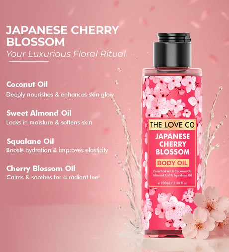 Japanese cherry blossom body oil bottle with floral design, ingredients, and cherry blossoms