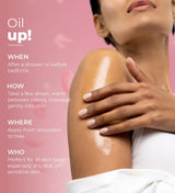 Woman applying body oil to arm with skincare instructions on pink background