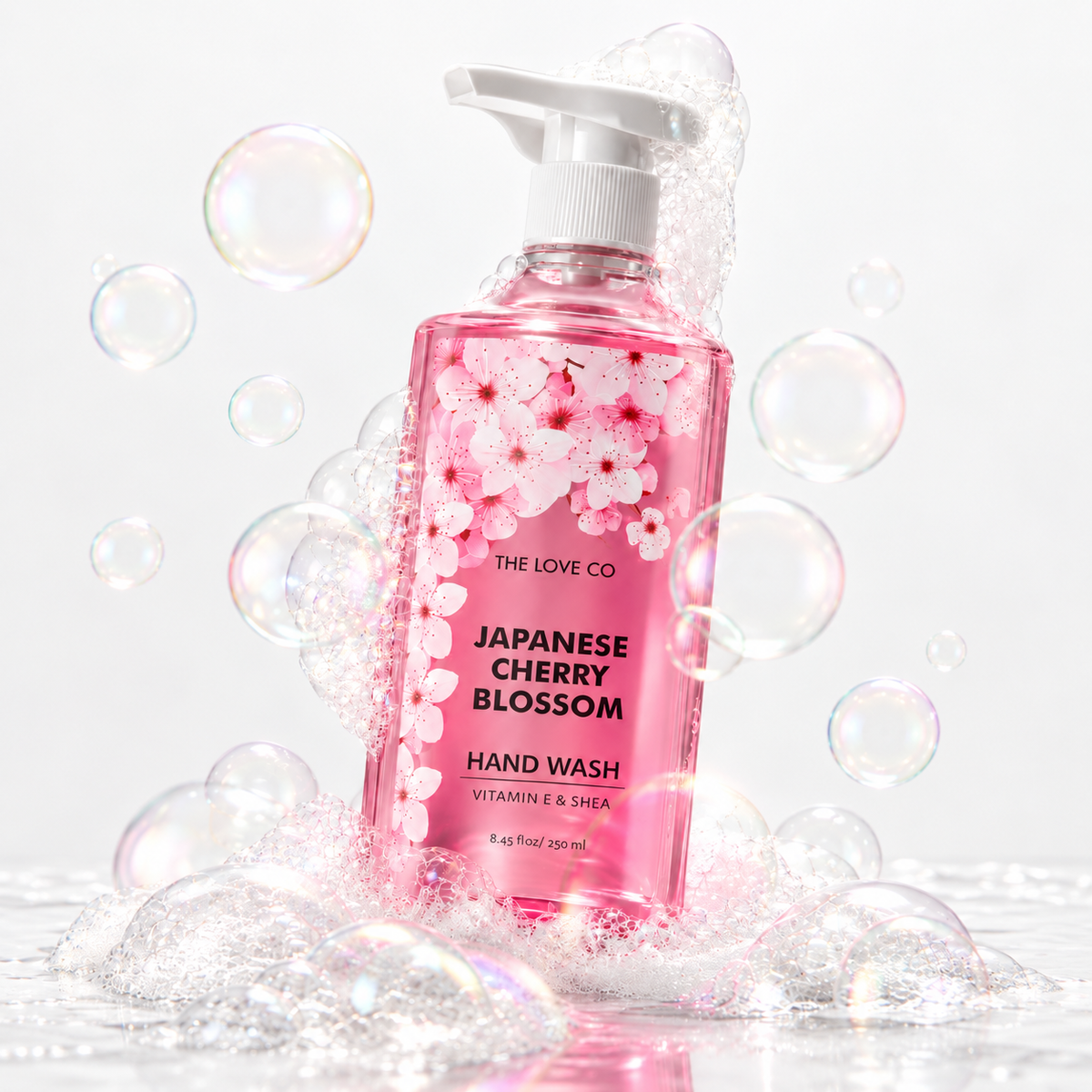 Japanese Cherry Blossom Hand Wash bottle among soft soap bubbles