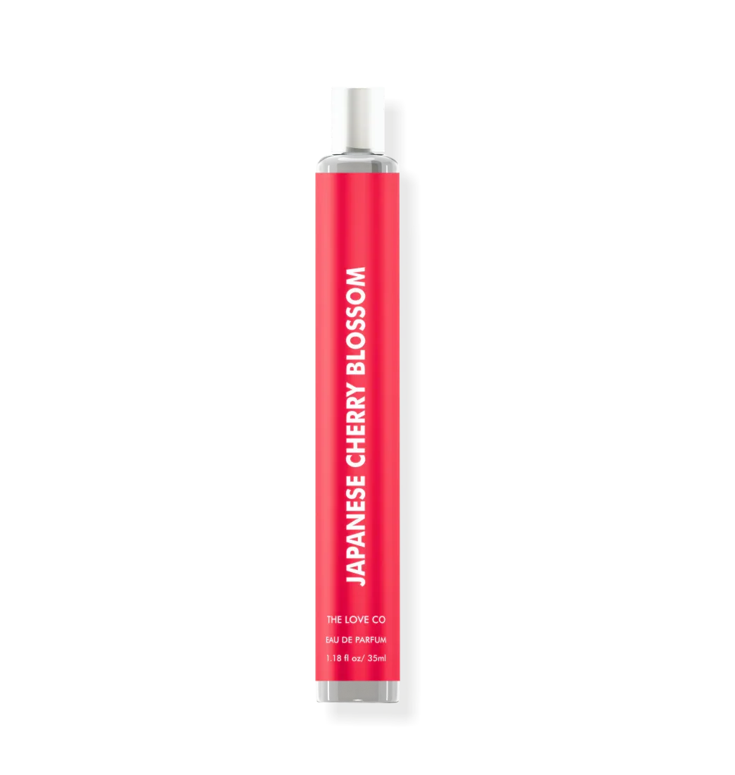 Japanese Cherry Blossom perfume 35ml by The Love Co, slim red bottle on white background