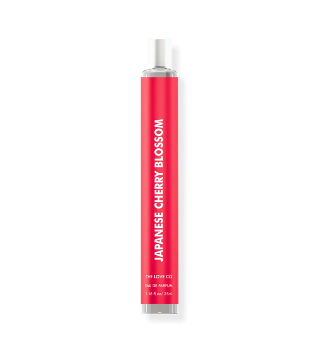Japanese Cherry Blossom perfume 35ml by The Love Co, slim red bottle on white background