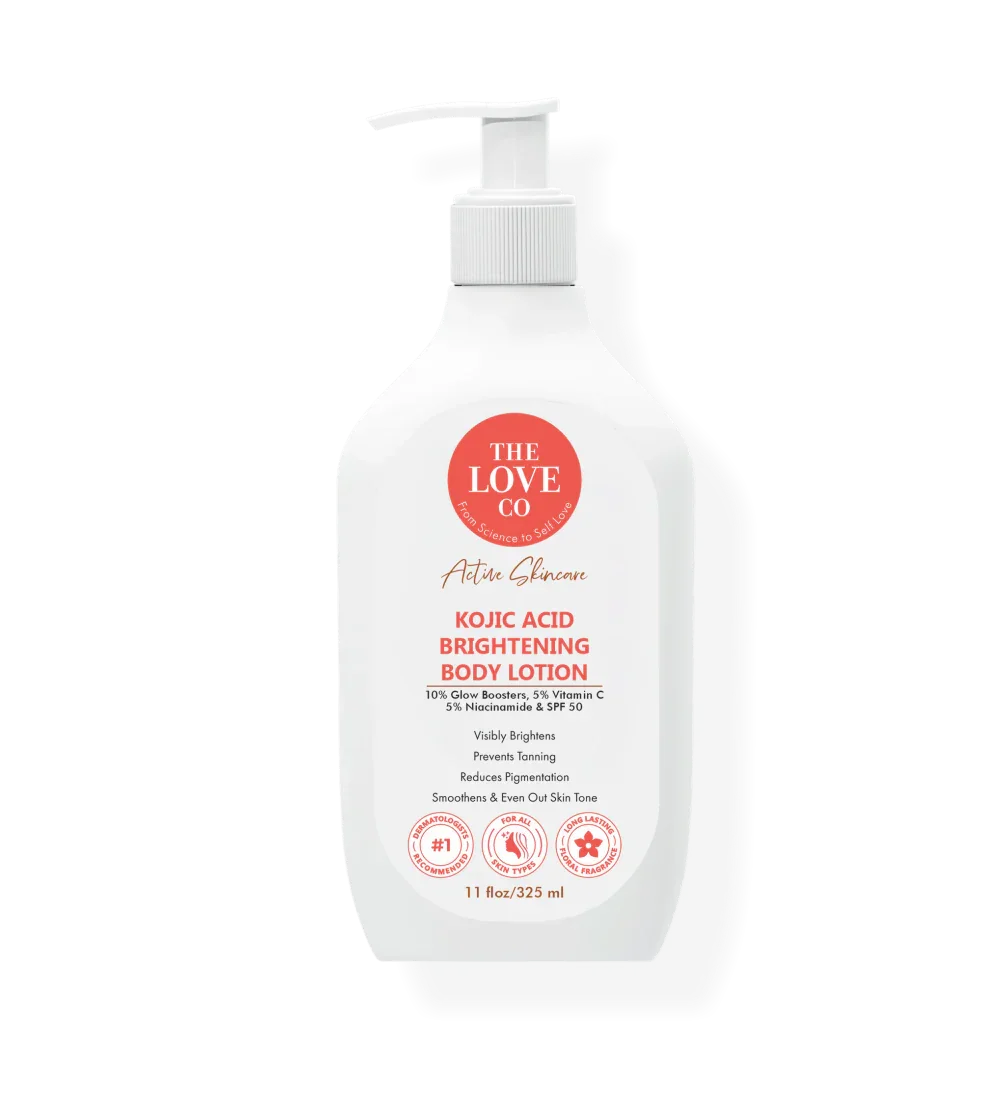 Before and after — uneven tone evened with the Kojic Acid Brightening Body Lotion