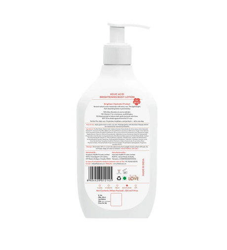 Back of Kojic Acid Brightening Body Lotion bottle with pump and product details label