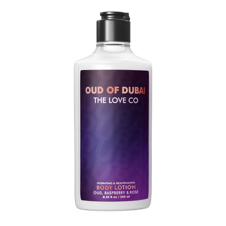 Body lotion bottle with purple label on a white background