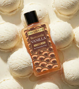 Romantic Vanilla shower gel bottle on vanilla ice cream scoops background