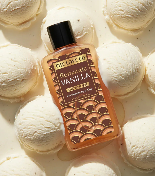 Romantic Vanilla shower gel bottle on vanilla ice cream scoops background