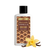 The Love Co Romantic Vanilla body lotion bottle with vanilla flower and pods