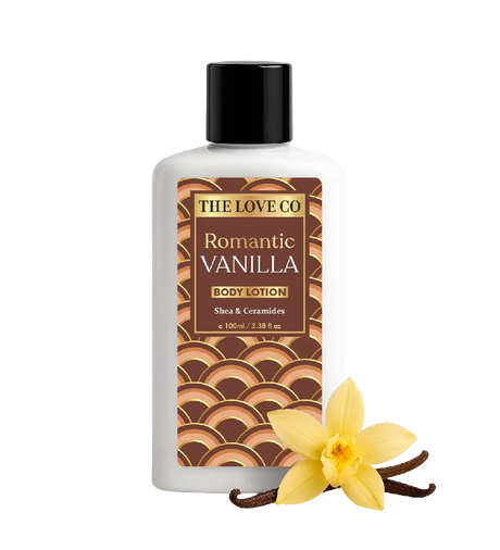 The Love Co Romantic Vanilla body lotion bottle with vanilla flower and pods