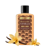 Shower gel bottle labeled 'Romantic Vanilla' by The Love Co with vanilla flowers on a white background
