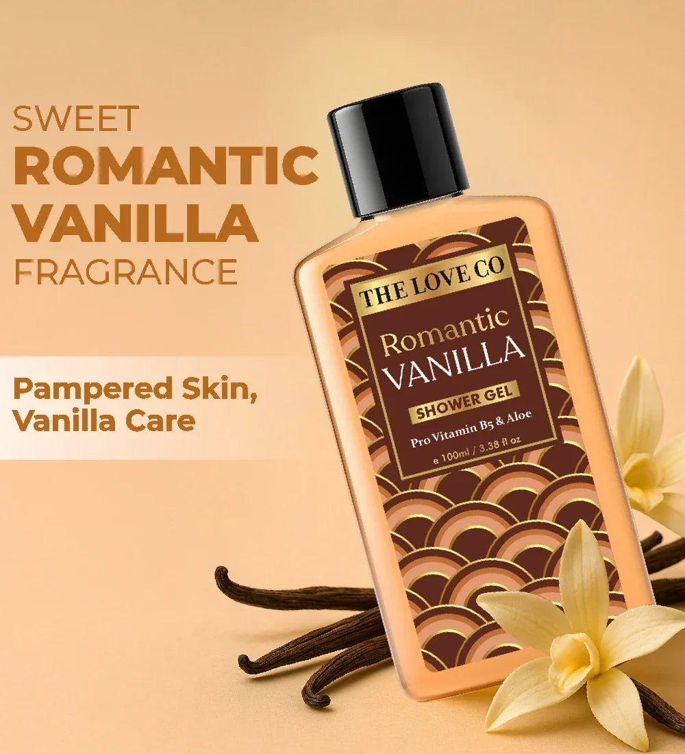 Romantic Vanilla shower gel bottle with vanilla pods and flowers on a beige background.