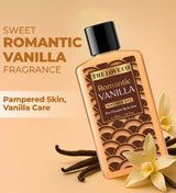 Romantic Vanilla shower gel bottle with vanilla pods and flowers on a beige background.