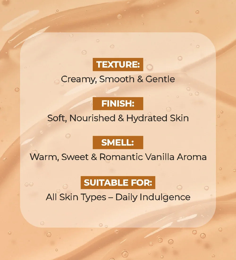 Romantic vanilla shower gel creamy texture details, suitable for all skin types, daily use.