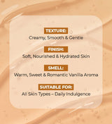 Romantic vanilla shower gel creamy texture details, suitable for all skin types, daily use.