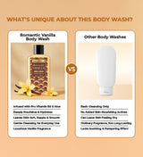 Romantic Vanilla body wash bottle next to a plain bottle with comparison benefits on a beige background