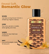 Romantic Vanilla shower gel bottle with vanilla flowers on beige background, product info text