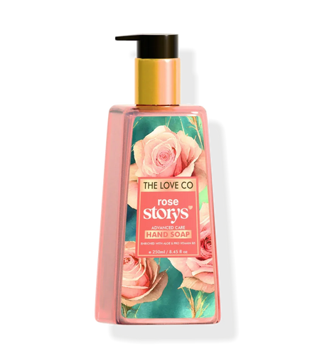 The Love Co Rose Story hand soap bottle with floral label and gold pump dispenser.