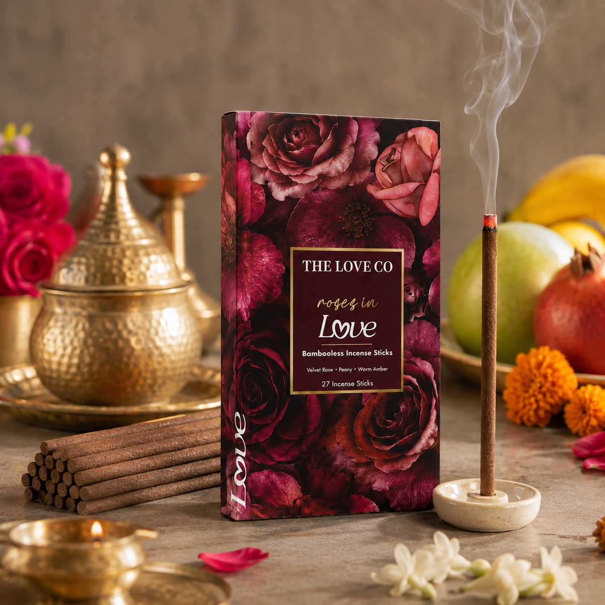Roses in Love incense burning beside the pack