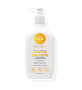 The Love Co sunscreen body lotion SPF50 PA+++ 325ml pump bottle, white with orange label.
