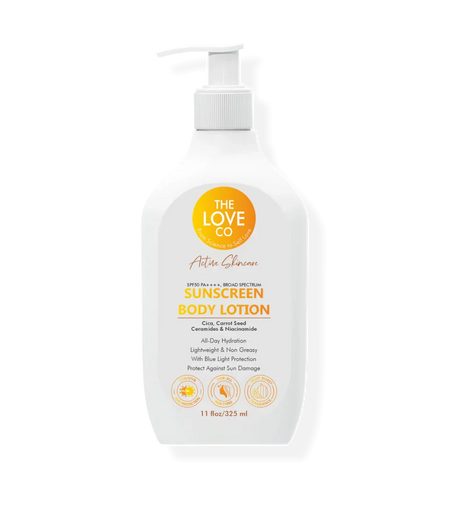 The Love Co sunscreen body lotion SPF50 PA+++ 325ml pump bottle, white with orange label.