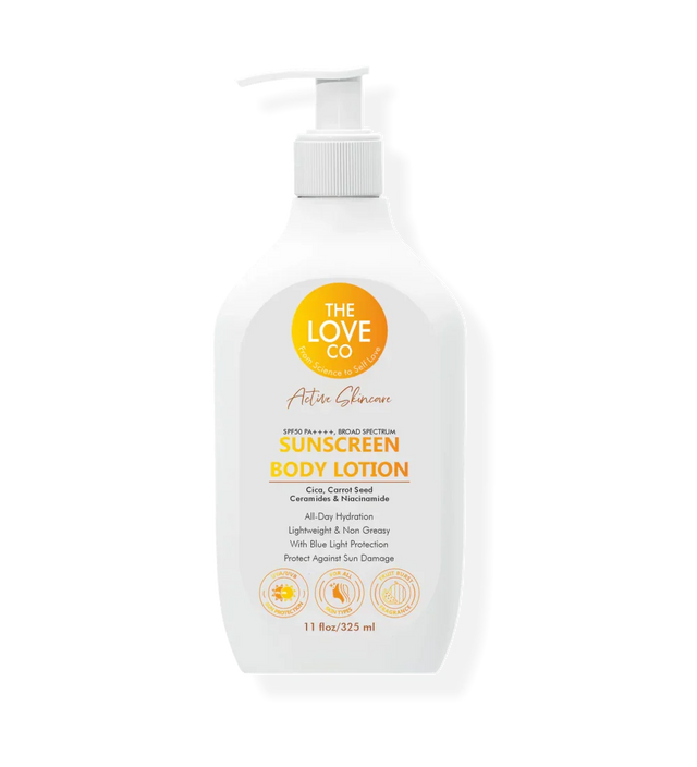The Love Co sunscreen body lotion SPF50 PA+++ 325ml pump bottle, white with orange label.