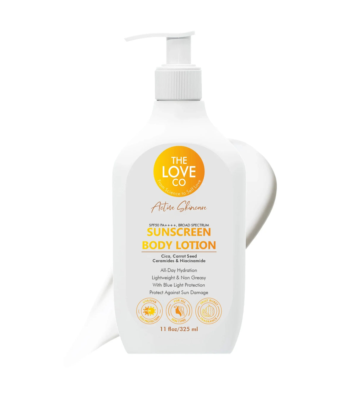 The Love Co sunscreen body lotion 325 ml pump bottle on white background