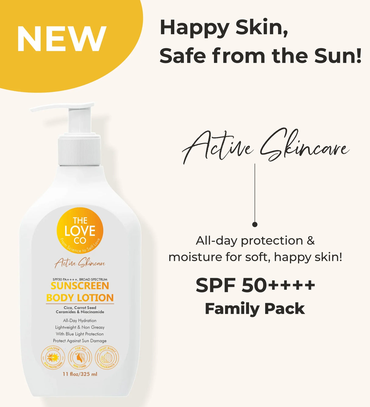 The Love Co sunscreen body lotion SPF 50++++, 325 ml pump bottle, family pack, skincare ad