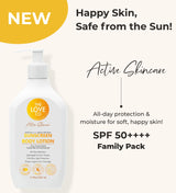 The Love Co sunscreen body lotion SPF 50++++, 325 ml pump bottle, family pack, skincare ad