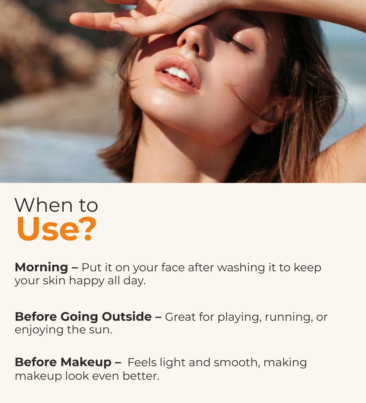 Woman shielding face from sun on beach, sunscreen body lotion usage tips text overlay
