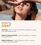 Woman shielding face from sun on beach, sunscreen body lotion usage tips text overlay