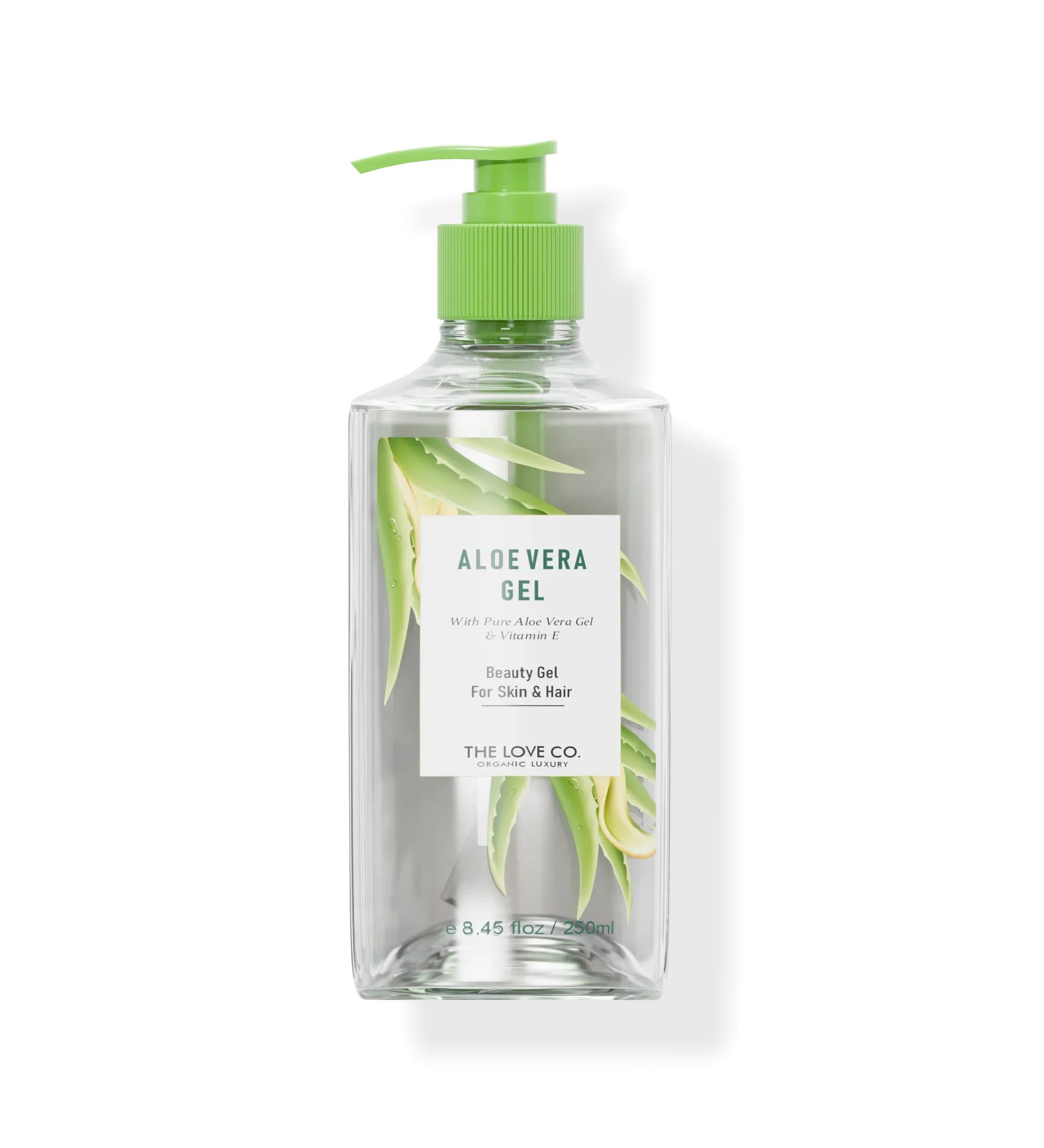 The Love Co Aloe Vera Gel bottle with green pump, featuring aloe leaf design and product label