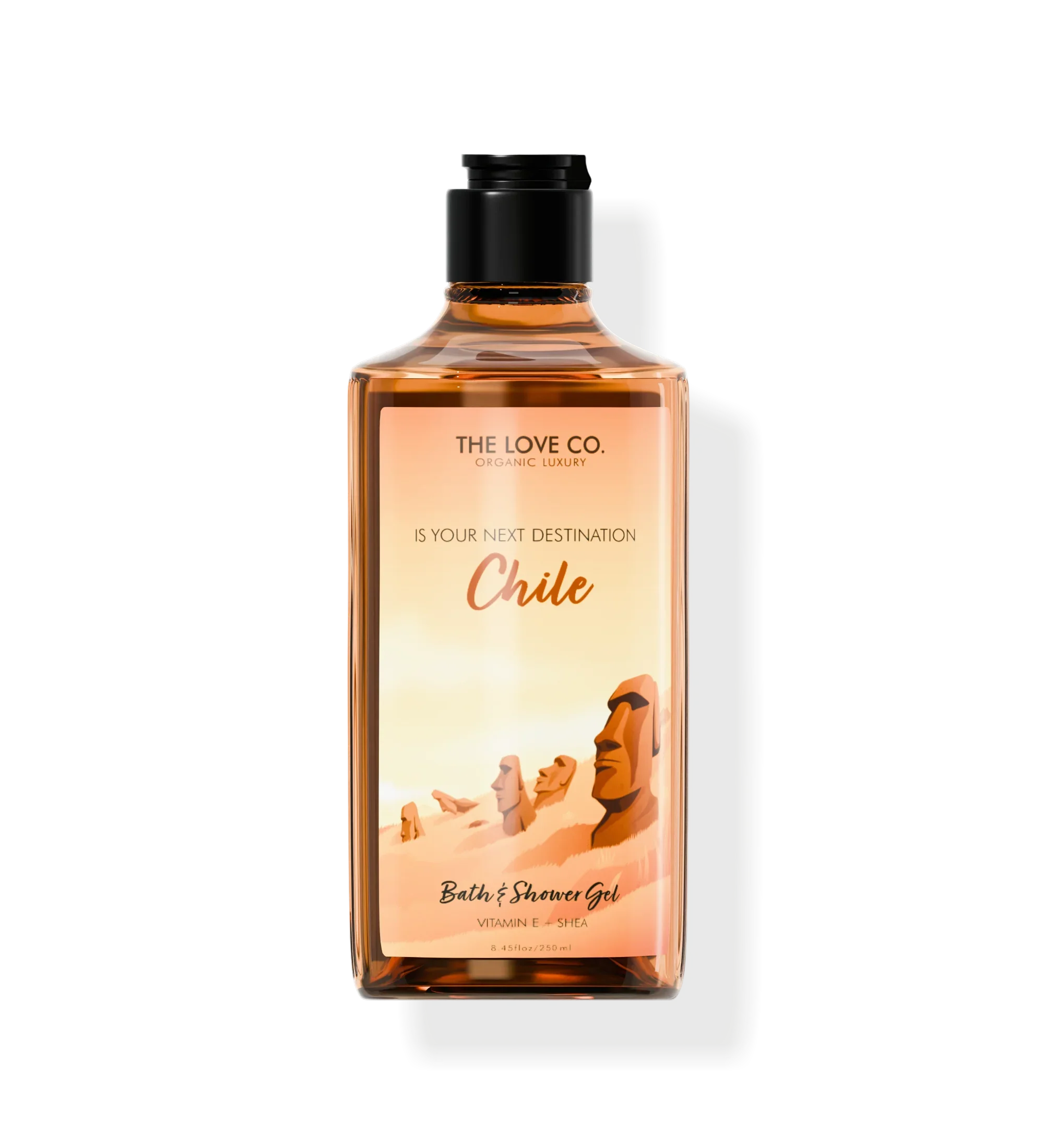 The Love Co Chile body wash 250ml bottle with Moai statue illustration and vitamin E shea label