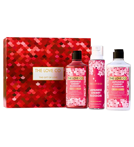 The Love Co Japanese Cherry Blossom gift box with shower gel, body mist, and body lotion