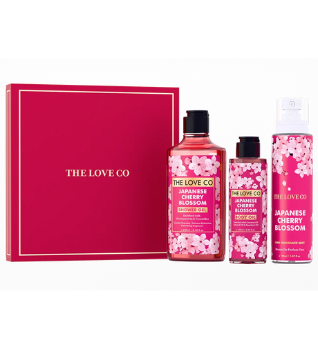 The Love Co Japanese cherry blossom gift box with shower gel, body oil, and body mist set