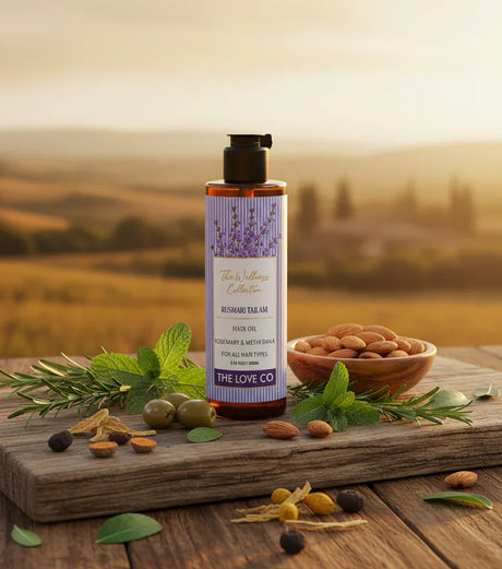 The Love Co hair oil bottle with rosemary, olives, and almonds on a rustic wooden table outdoors