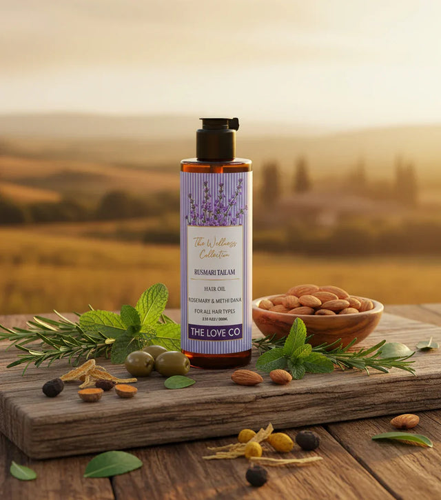 The Love Co hair oil bottle with rosemary, olives, and almonds on a rustic wooden table outdoors
