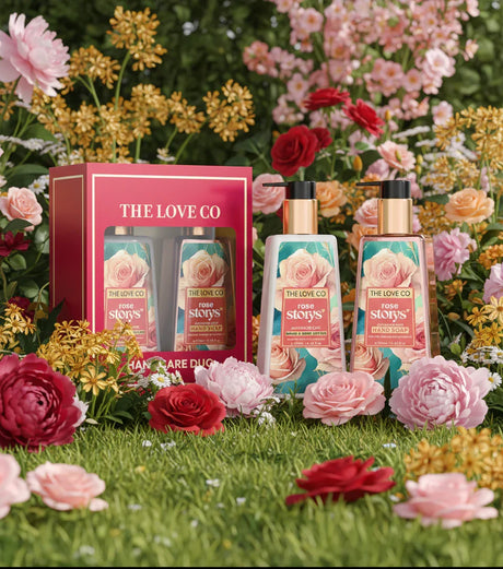 The Love Co Rose Storys hand care gift set with bottles and box on grass amid colorful roses