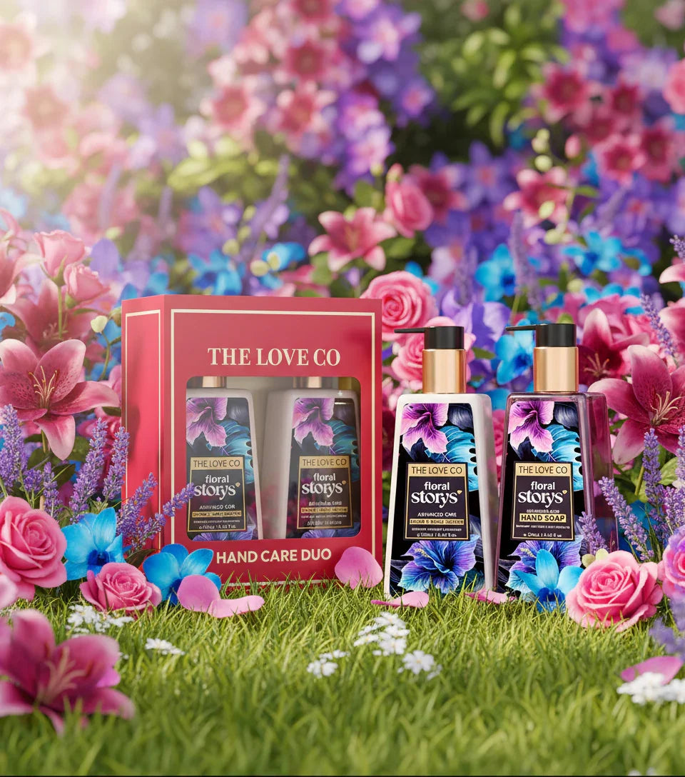 The Love Co hand care duo gift set with floral bottles on grass, colorful flowers background