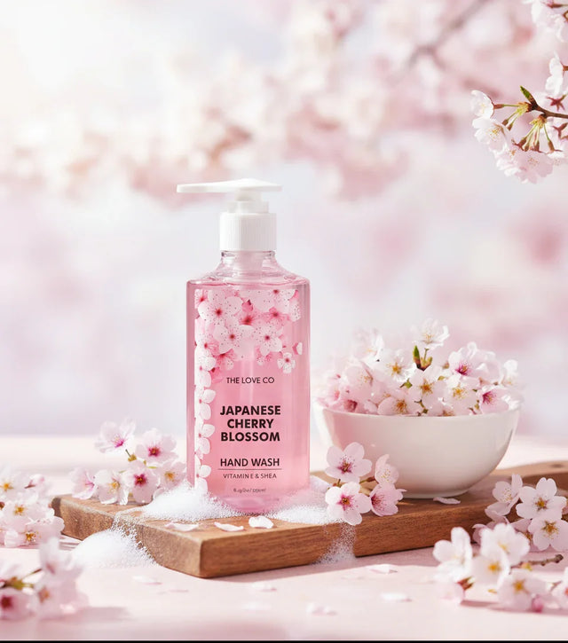The Love Co Japanese cherry blossom hand wash bottle with pink flowers and foam