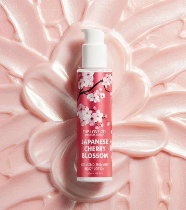 Japanese Cherry Blossom Diamond Shimmer Body Lotion bottle on pearlescent pink background