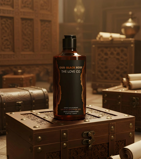 The Love Co Oud Black Rose shower gel bottle on ornate wooden chest, luxurious decor