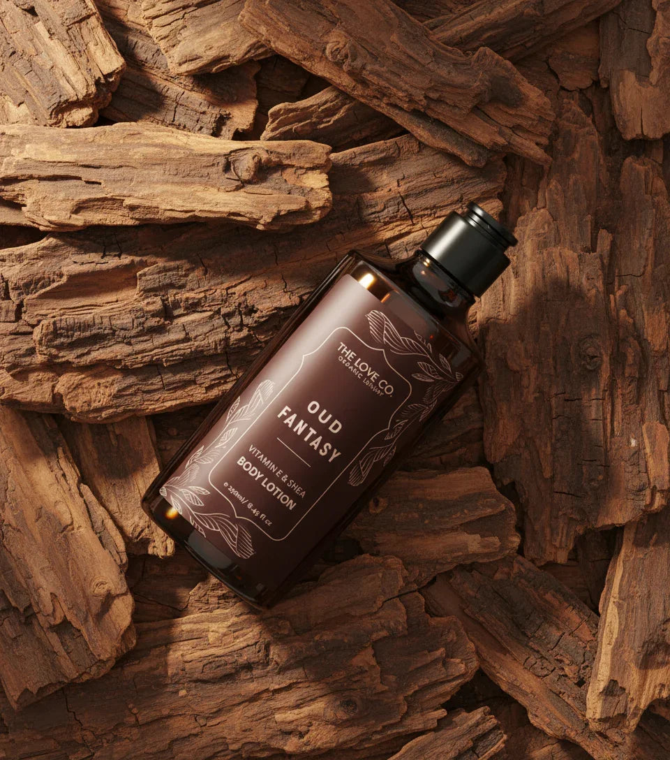 The Love Co Oud Fantasy body lotion bottle on pieces of oud wood