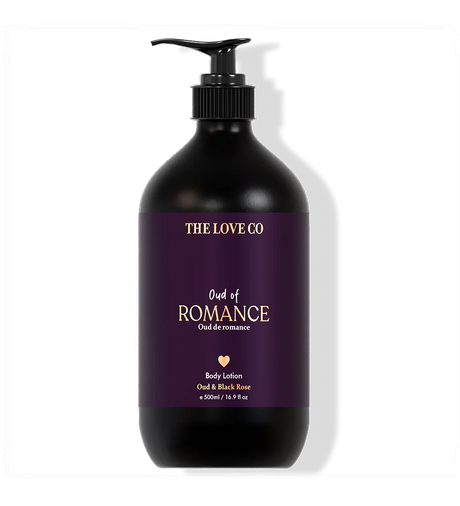 The Love Co Oud of Romance body lotion 500ml bottle, black with purple label